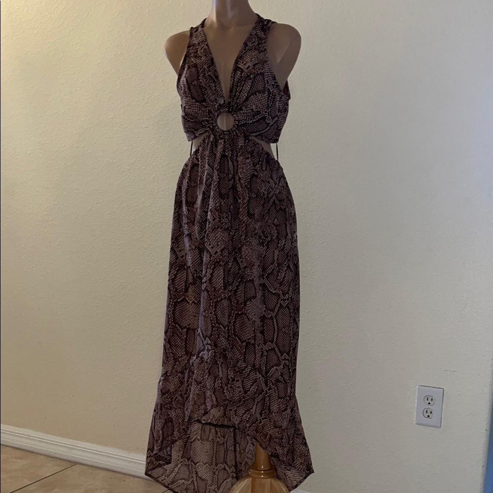 Elegant Brown Snake Print Sleeveless Dress